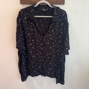 ABLE  Black Floral Ruffle Collar Button Down Viscose Blouse Top 3X